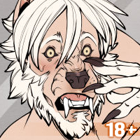 To call this new body 'unexpected' would
be an understatement. But, as it turns out,
unexpected doesn't mean unwelcome.
Quite the opposite, actually.
A werewolf (Darius) with a partial coat.
The fur is white. They have four breasts,
one set smaller than the other, four teats,
and a prominent erection. Their expression
is as freaked out as it is awed by what's
implied to be their own reflection.
