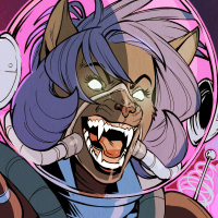 A dark-furred cat woman in a space
suit. She has her hands extended like
she's puppeting something, but her
eyes and the antenna on her shoulder
suggest something else is going on.