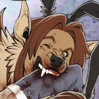 The boys were so excited for the club's
opening night that they couldn't quite
contain themselves.
Ogonek (brown hyena) and Grave (dhole)
crouched over a pile of dead businessmen
in varying stages of disassembly. They're
both wearing skimpy Playboy-style cocktail
waitress outfits that have seen better
days, with accompanying bunny ears and
tails.