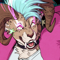 Lude, dressed as Michelle from Sorry
We're Closed.
She is a Guild Wars 2 charr with bright
blue hair and a colorful outfit wielding
a fish gun