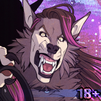 'Hey, pretty girl, wanna go for a walk?'
A female werewolf with long pink-streaked
hair wearing a leather jacket and a wicked
snarl on her face holds up a collar as if
to suggest the viewer ought to consider
wearing it.
And by 'consider' we mean 'just put it on
already.'