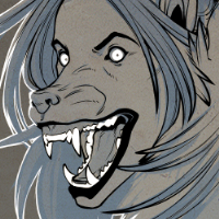 Evelyn looks over her shoulder towards
the viewer with a gaping wide smile showing
all her teeth.